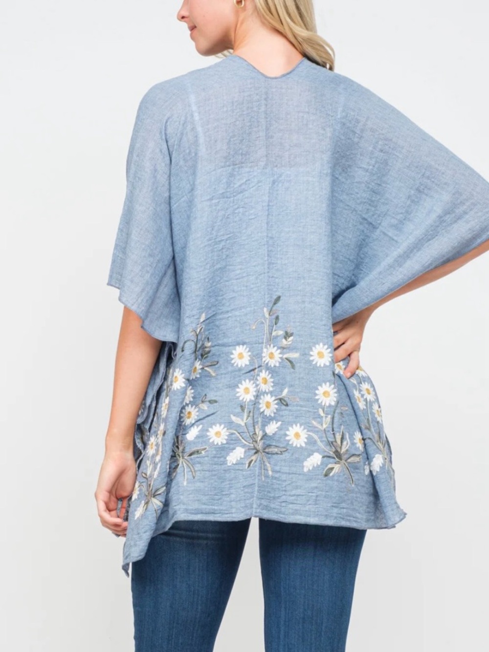 Light Blue Floral Embroidered Open Front Poncho - Picture 3 of 6